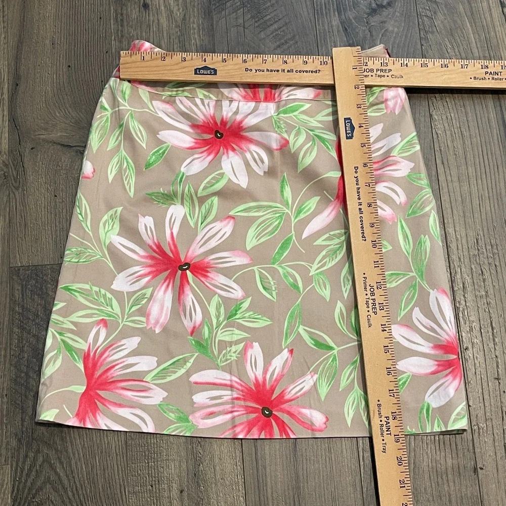 Talbots Petites Floral A-Line Skirt Tan Pink Green Cotton Stretch Size 4P USA